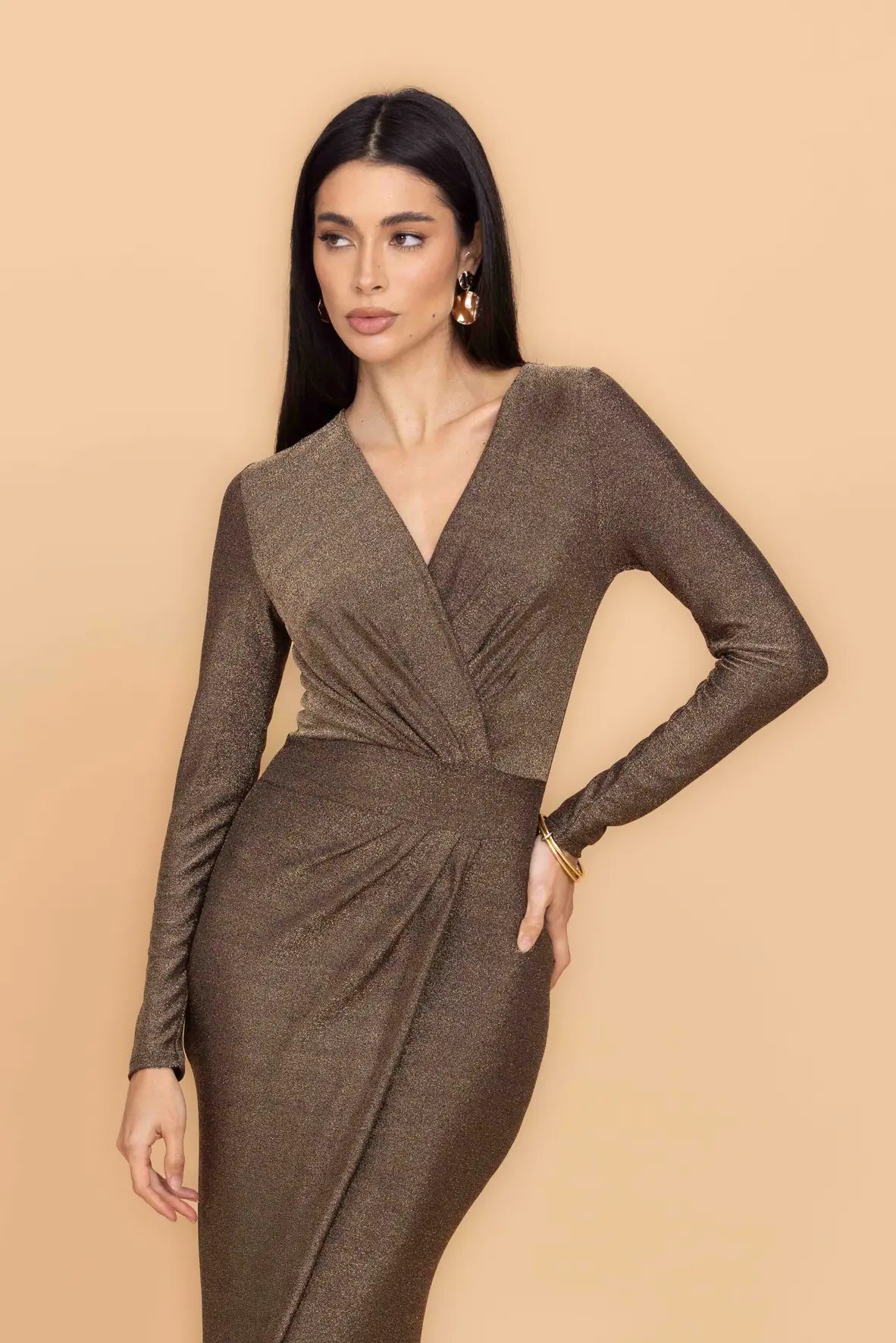 slim fit dress slacks LOLA Long Sleeve Glitter Wrap Dress