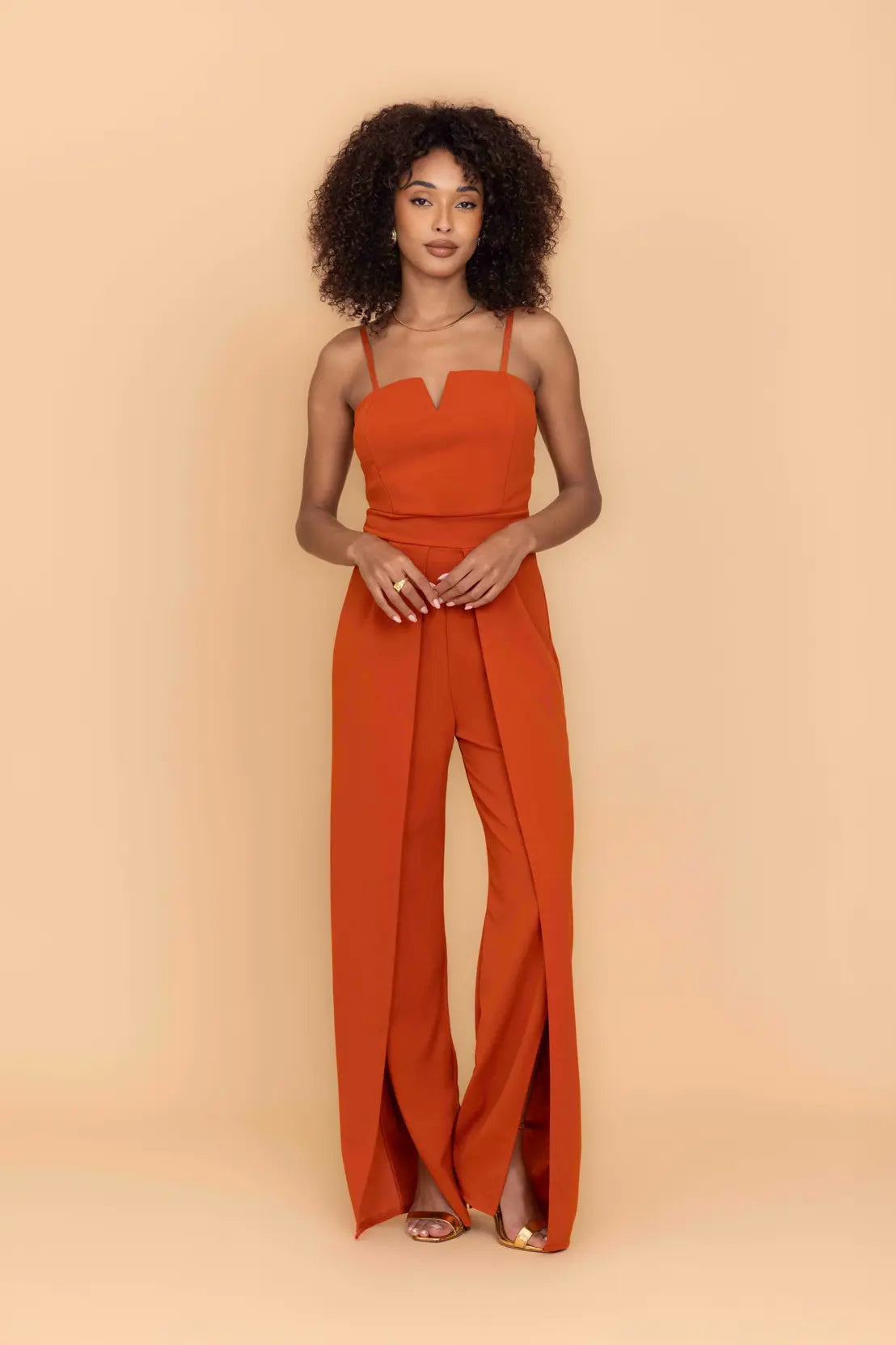 DANDY Burnt Orange V Neck Sleeveless Jumpsuit | WalG London