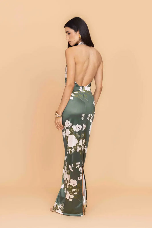 ABIGAIL Khakifarbenes Maxikleid mit Blumenmuster