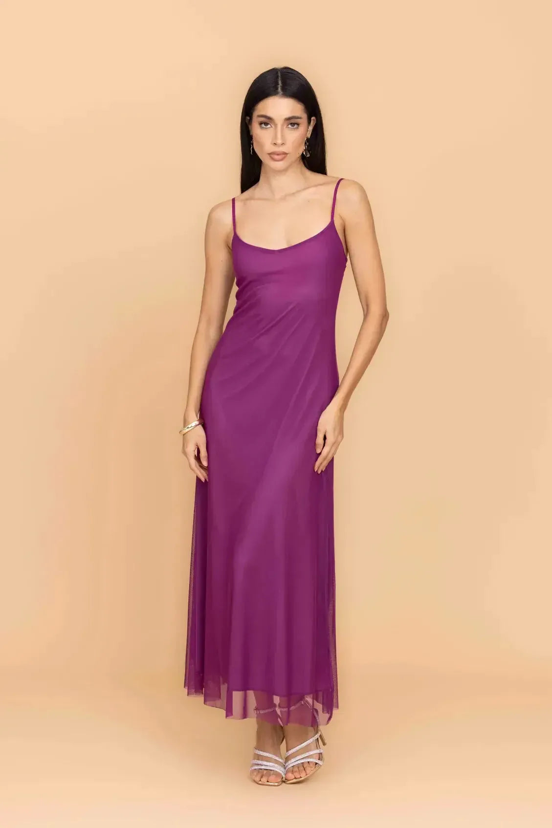 mesh strappy dress Burgundy KarenMillen Plunge Detail Maxi an embellished column skirt falls smoothly along the body and finishing with a sweep train SANDY Magenta Strappy Mesh Maxi