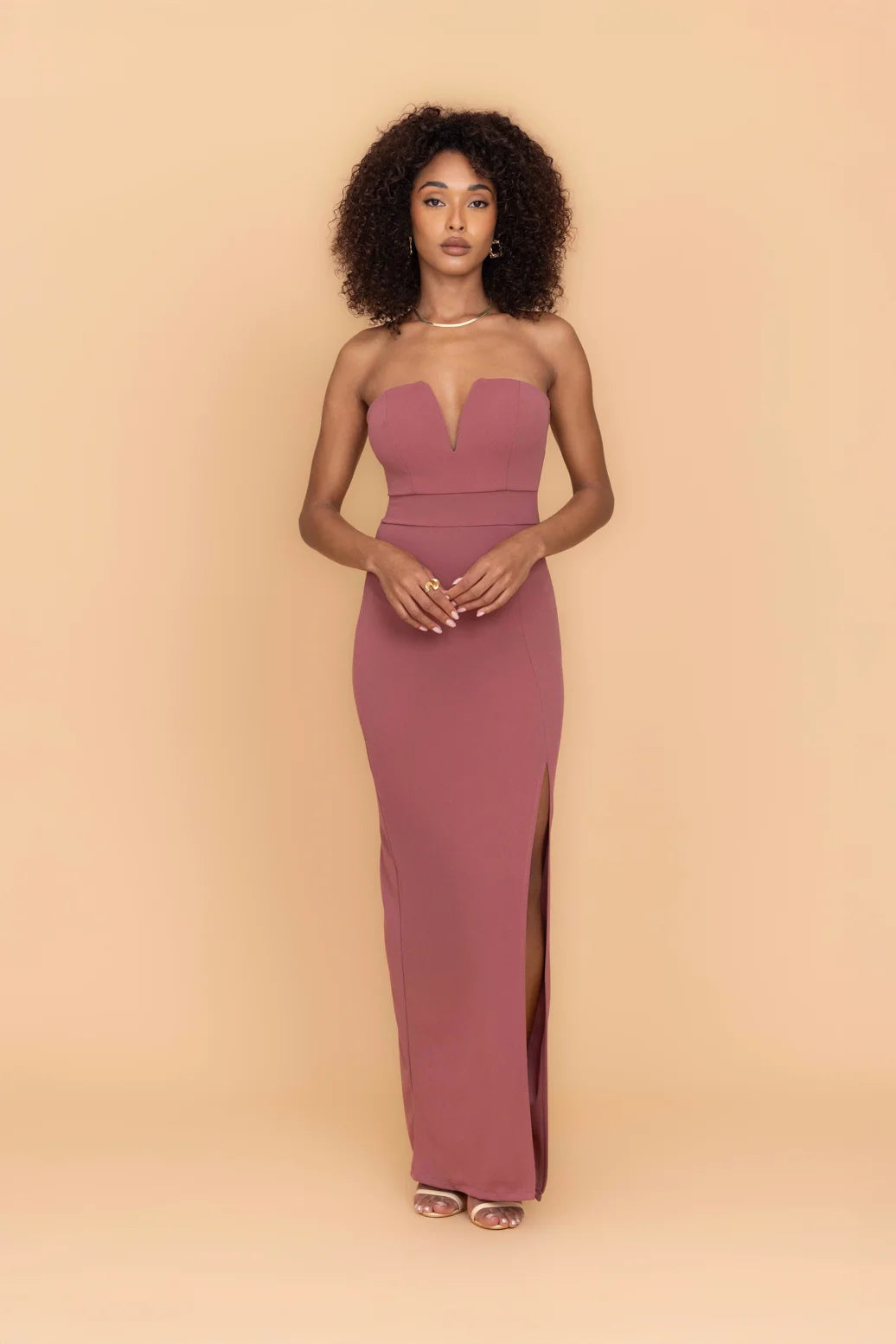 ANNA Dark Mauve Pink V Neck Maxi Dress with Slit | WalG London ANNA Dark Mauve Pink V Neck Maxi Dress with Slit | WalG London