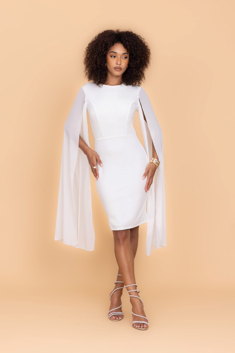 white midi dress with sleeves HOLLY Chiffon Sleeve Size:43 (US 12) Designers > DONNA KARAN S Matte Satin Dusty