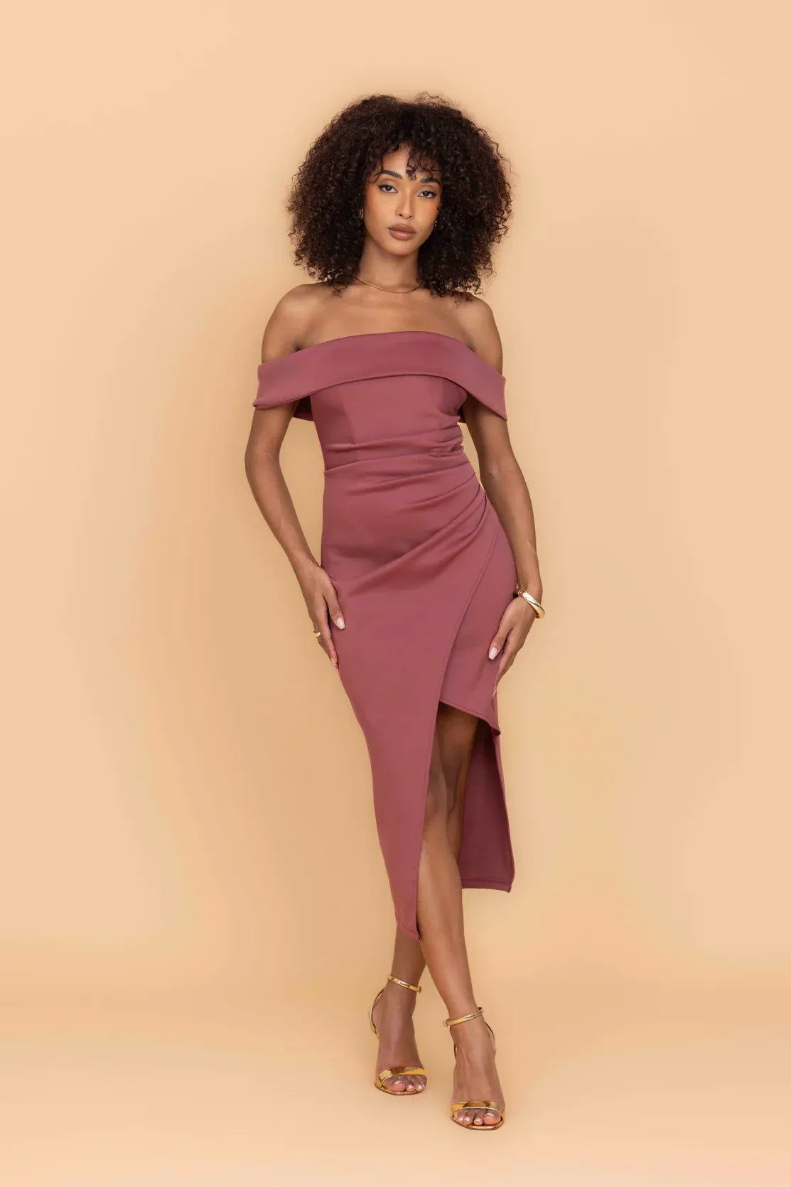 VINCENZO Dark Mauve Pink Ruched Midi Dress