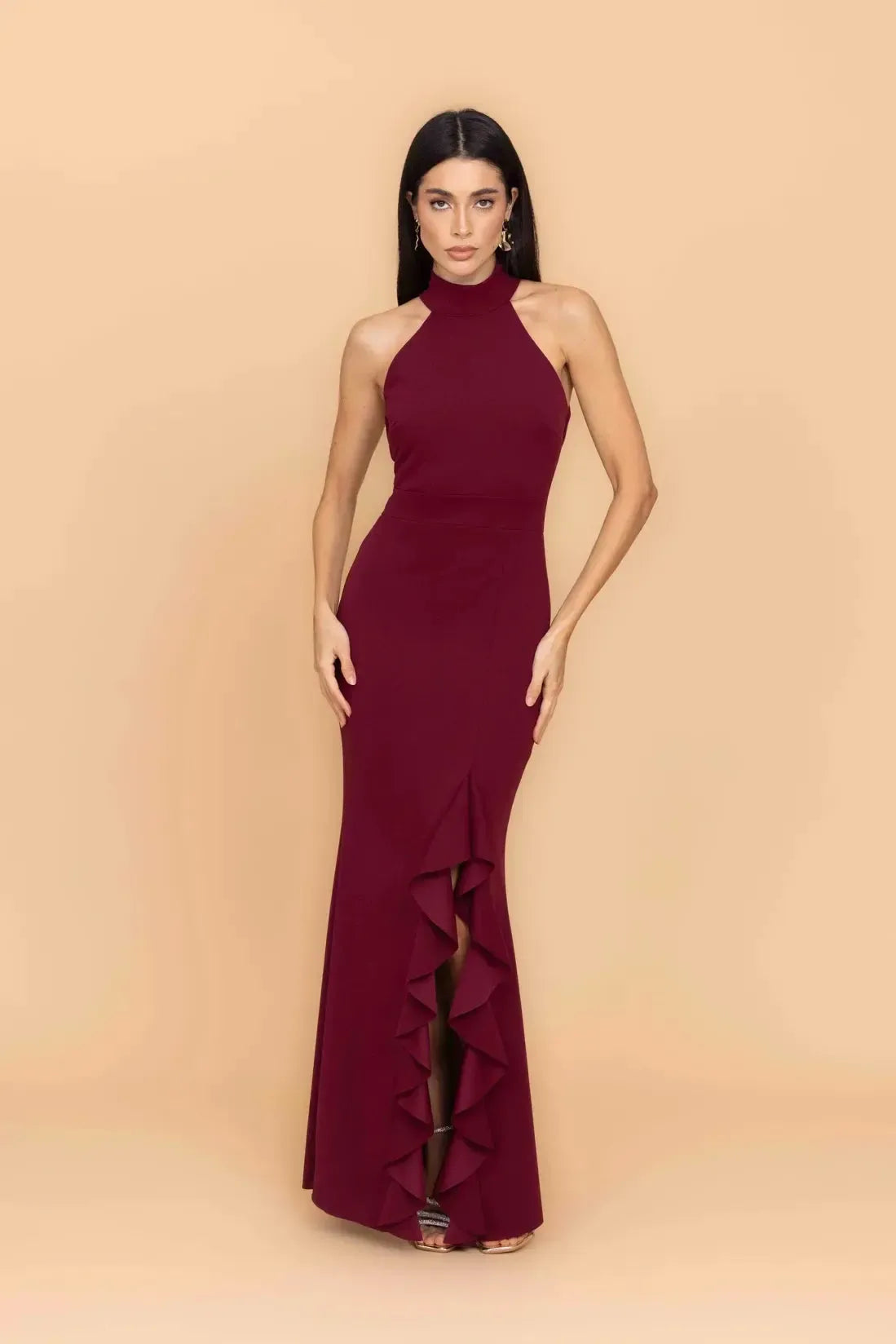 fitted lace wedding dress CLAUDINE Ruffle Wine Red Halterneck Maxi Dress