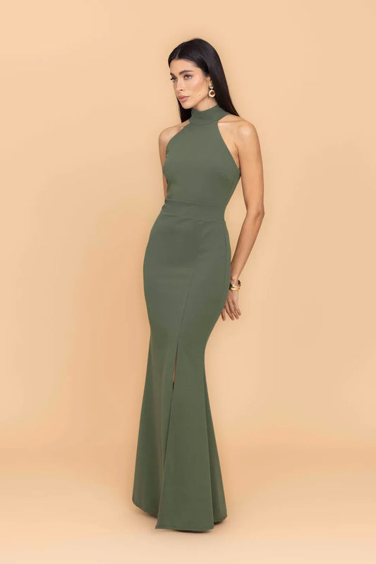 MARILYN Dunkles Khaki-Maxikleid