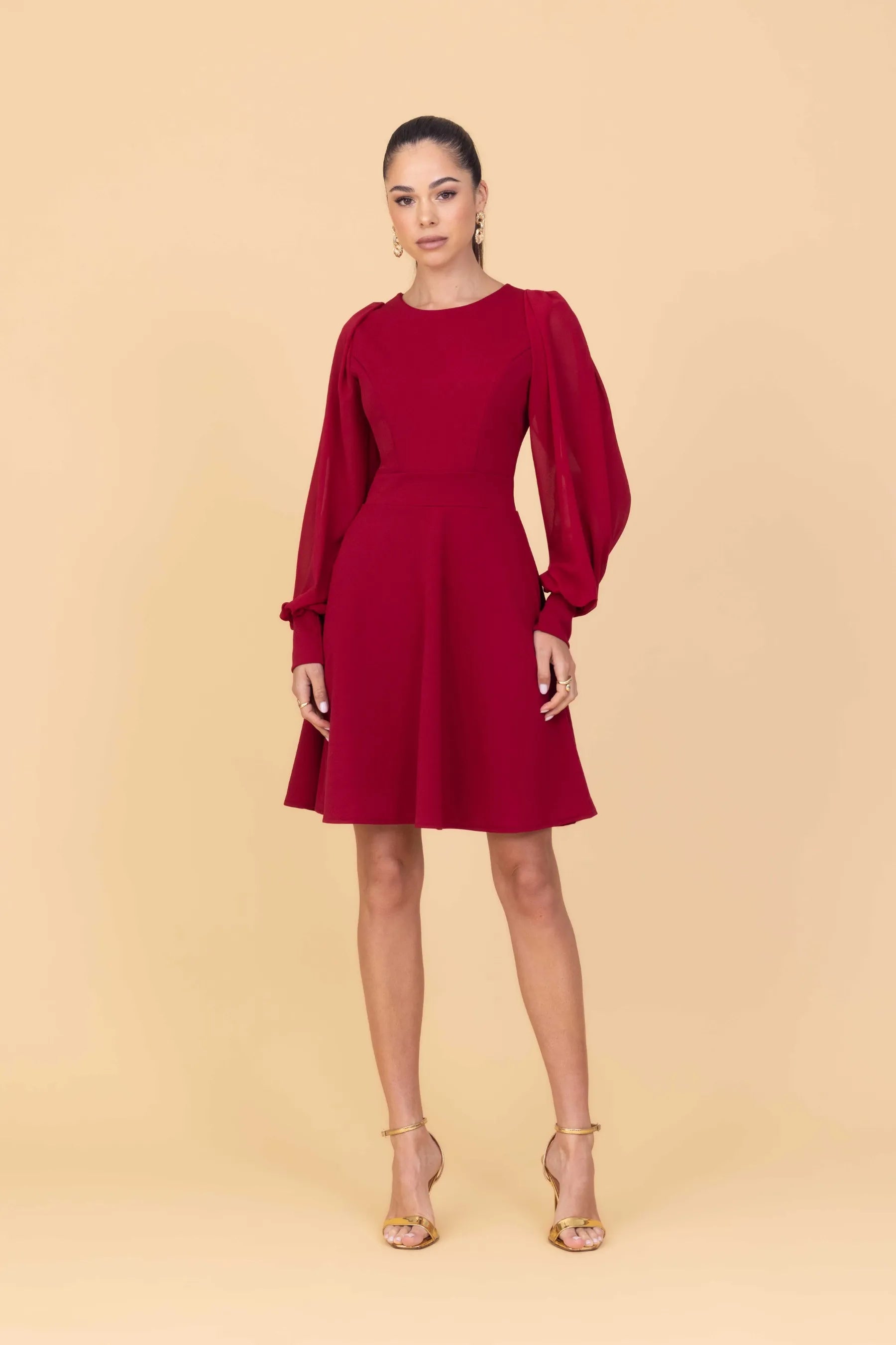 puff chiffon red dress Burgundy Sleeve Bridesmaid L / Burgundy KissProm introduces this bridesmaid dress shaped by soft pleating and airy movement Red A Line Chiffon Dress