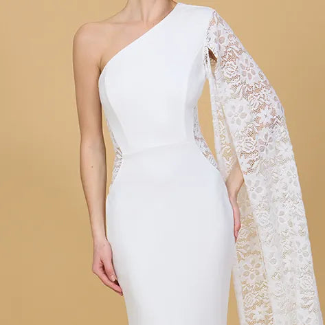 CASSIDY White Lace One Sleeve Maxi Dress