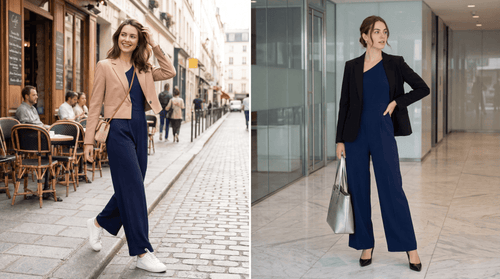 Woman in a beige blazer and navy pants walking on a street, then in a black blazer and navy pants in an office setting.