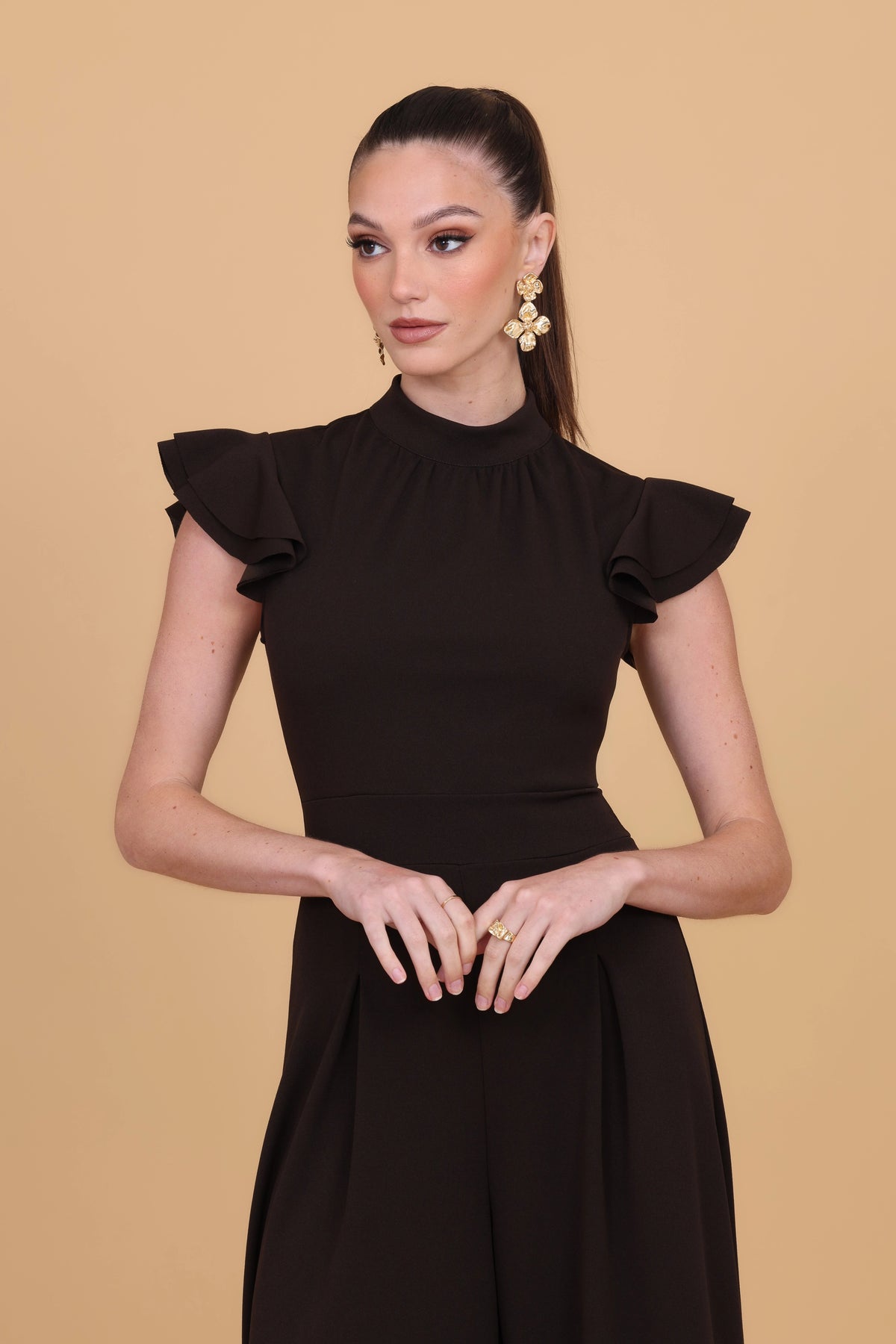 ASHLEY Dark Brown Ruffle Sleeve Jumpsuit | WalG London