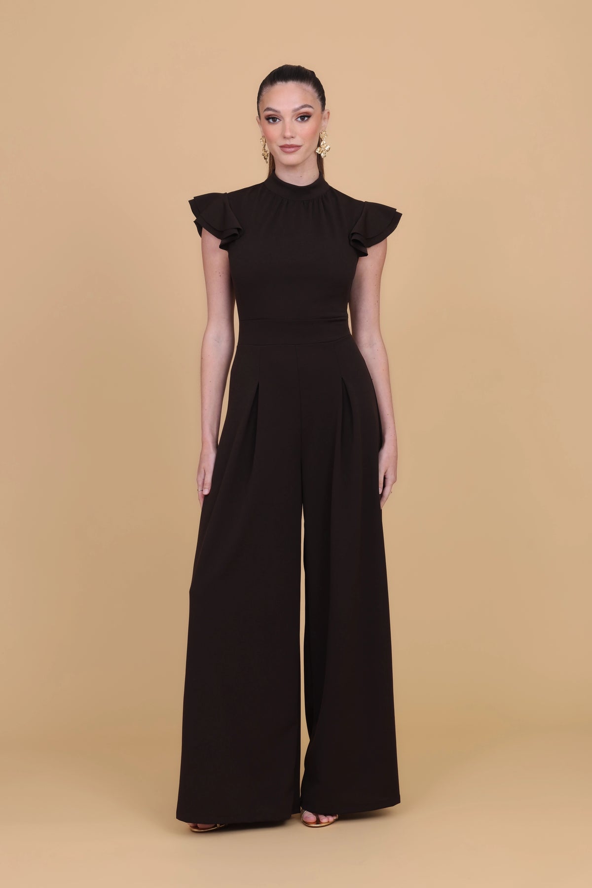 ASHLEY Dark Brown Ruffle Sleeve Jumpsuit | WalG London