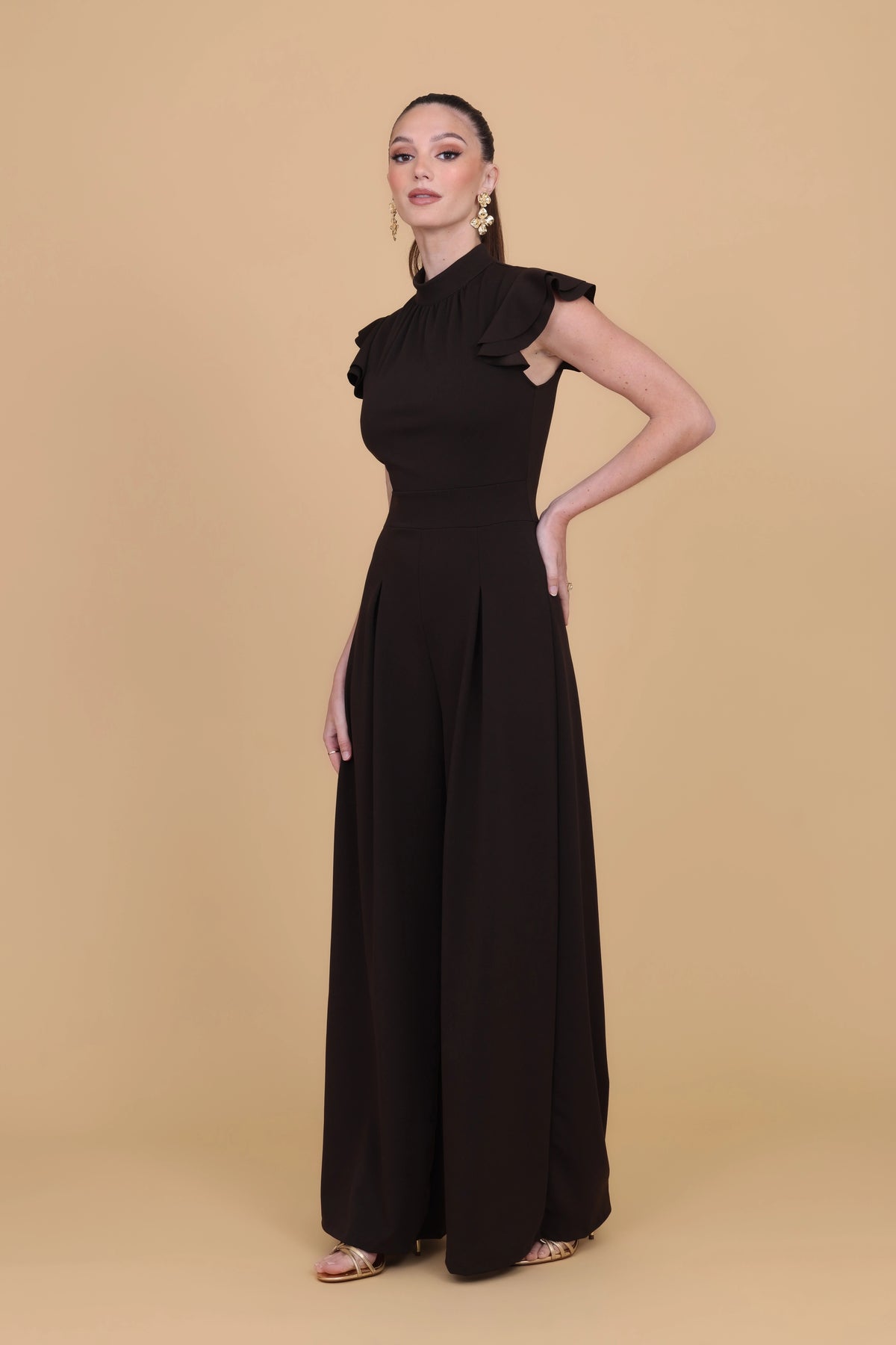 ASHLEY Dark Brown Ruffle Sleeve Jumpsuit | WalG London