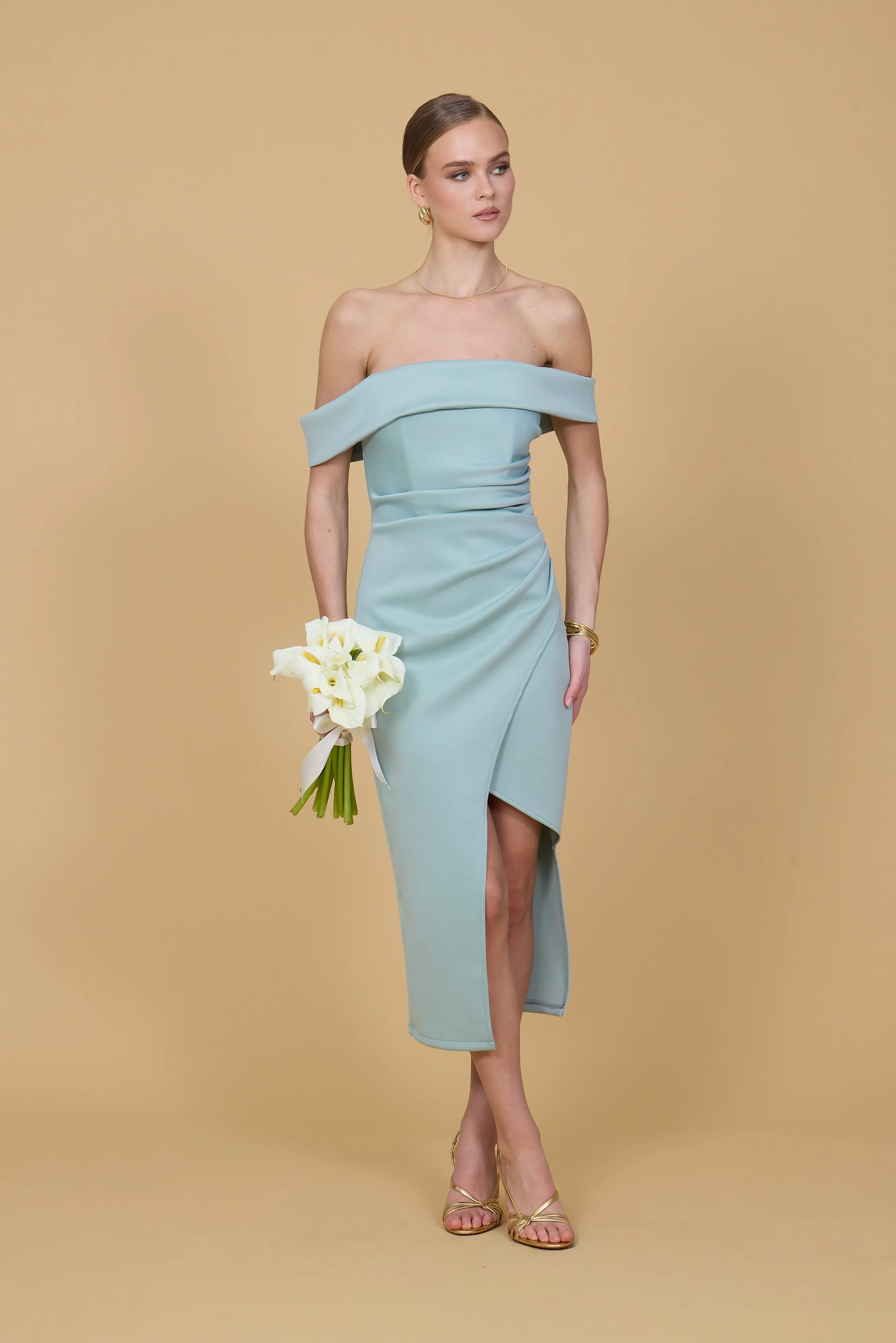 grace bardot midi wedding dress VINCENZO Sage Green Bardot Midi Dress