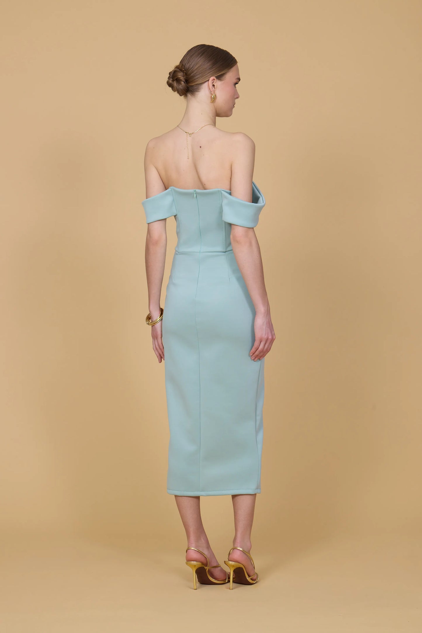 knee length dresses for ladies VINCENZO Sage Green Bardot Midi Dress