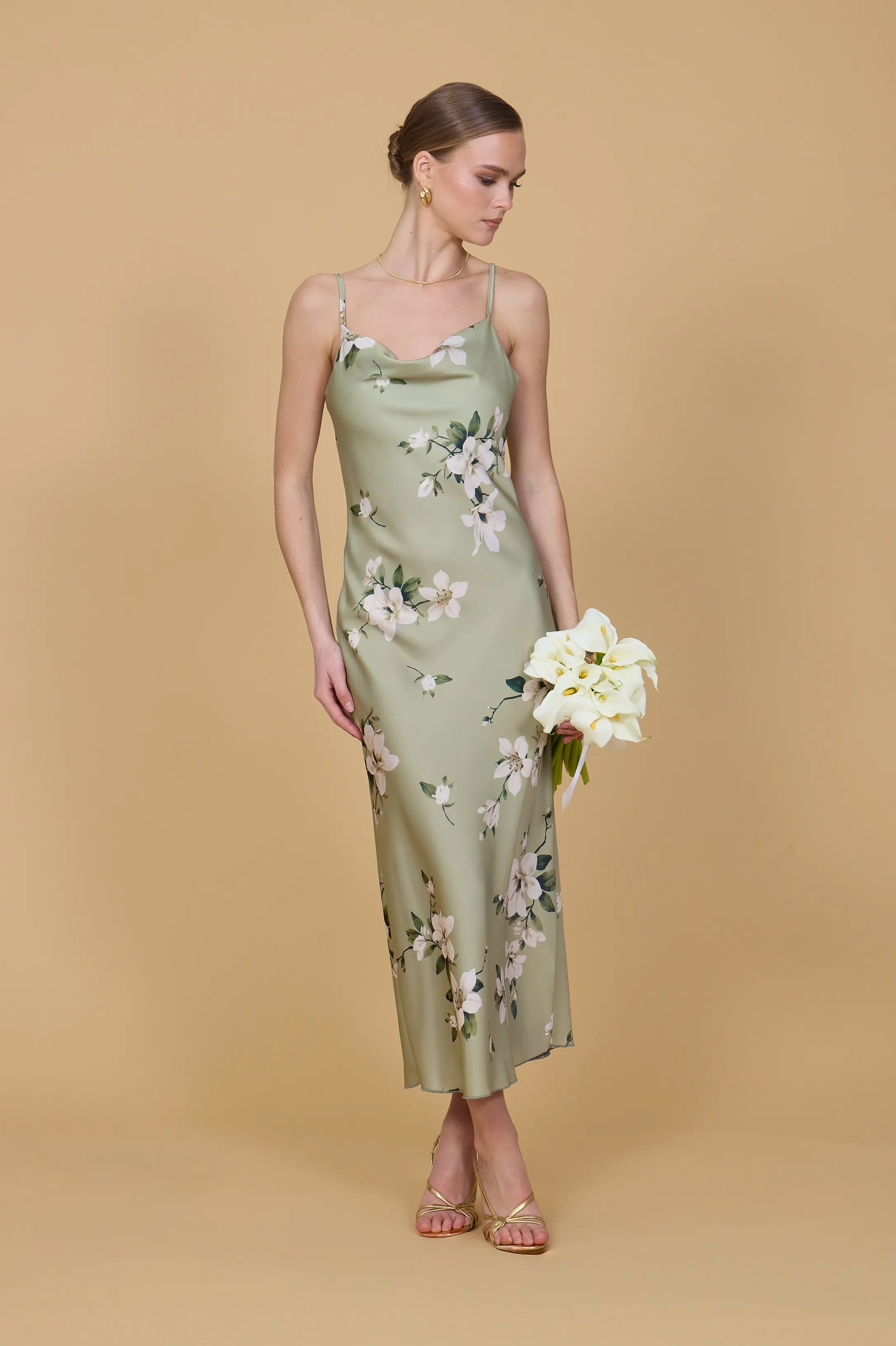 CARA Sage Green Orchid Cowl Neckl Midi Dress