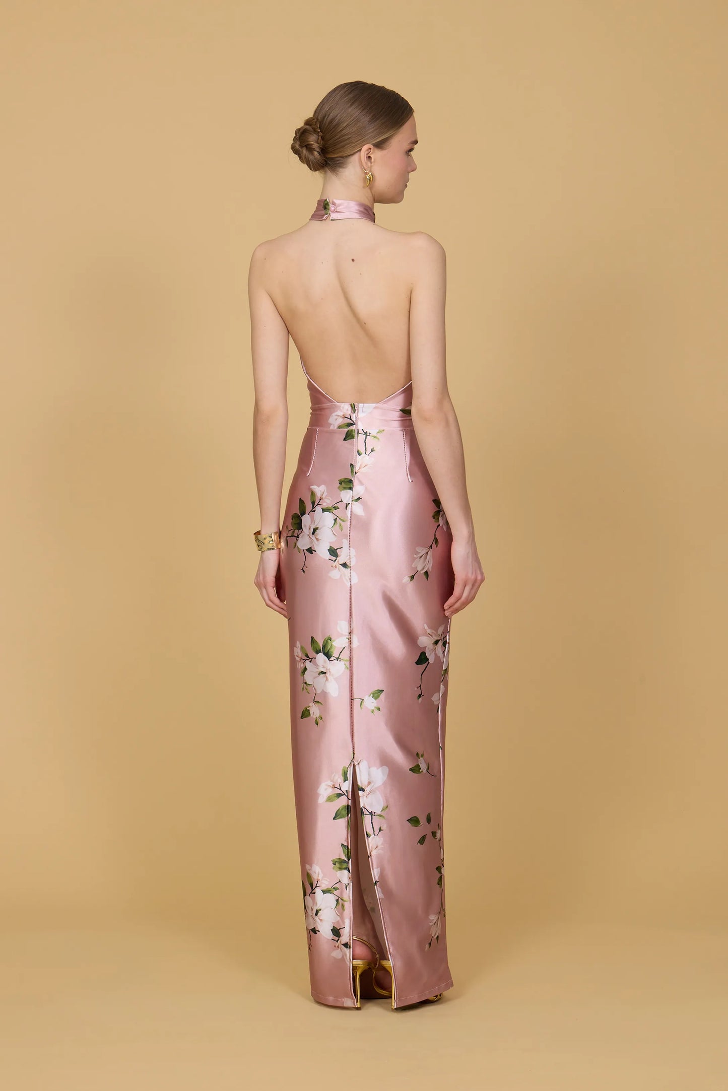 divine inspiration blush halter maxi dress Rachel Allan 70750 Glitter Print Fitted Corset Gown