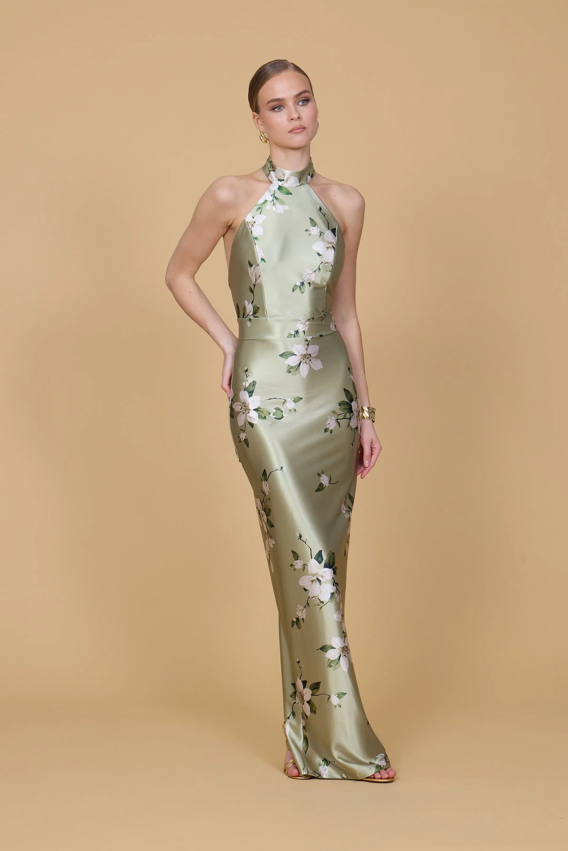 ABIGAIL Sage Green Orchid Halterneck Maxi Dress | WalG London ABIGAIL Sage Green Orchid Halterneck Maxi Dress | WalG London