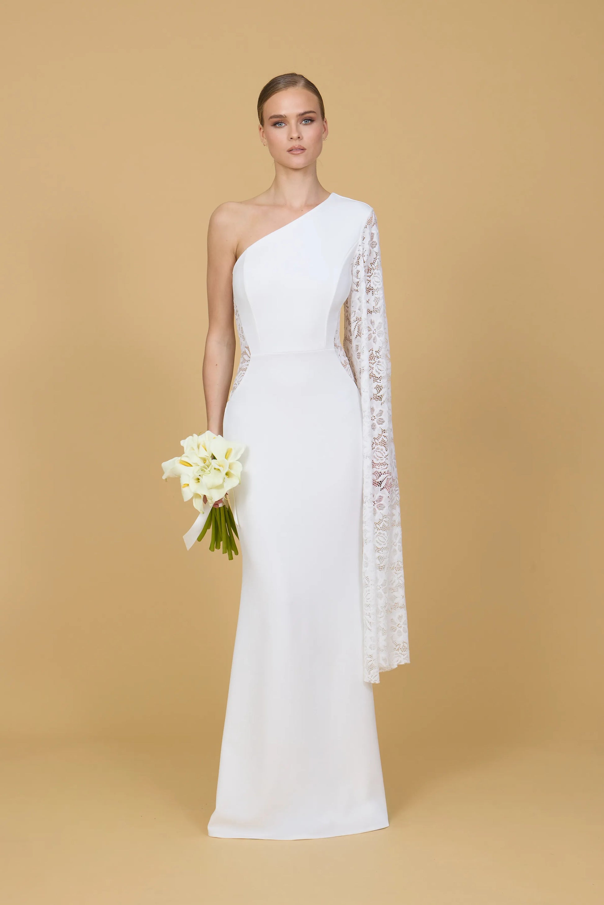 CASSIDY White Lace One Sleeve Maxi Dress