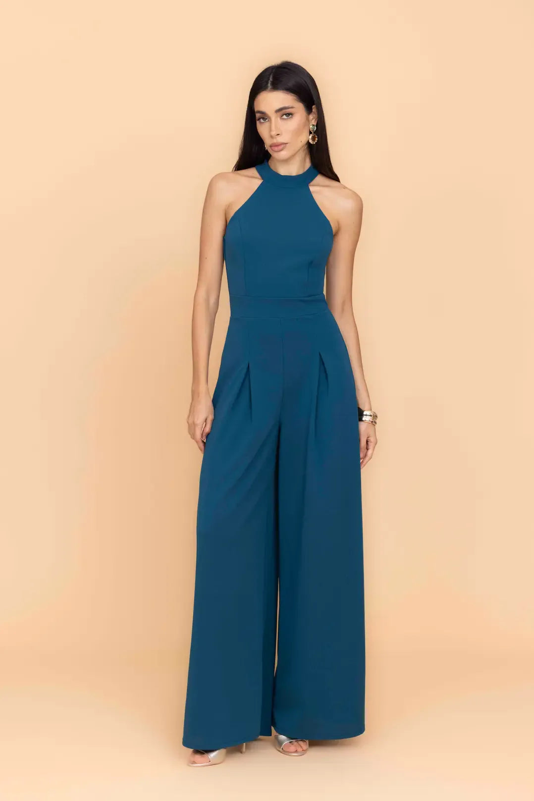 LEILA Dark Teal Blue Halter Neck Wide Leg Jumpsuit