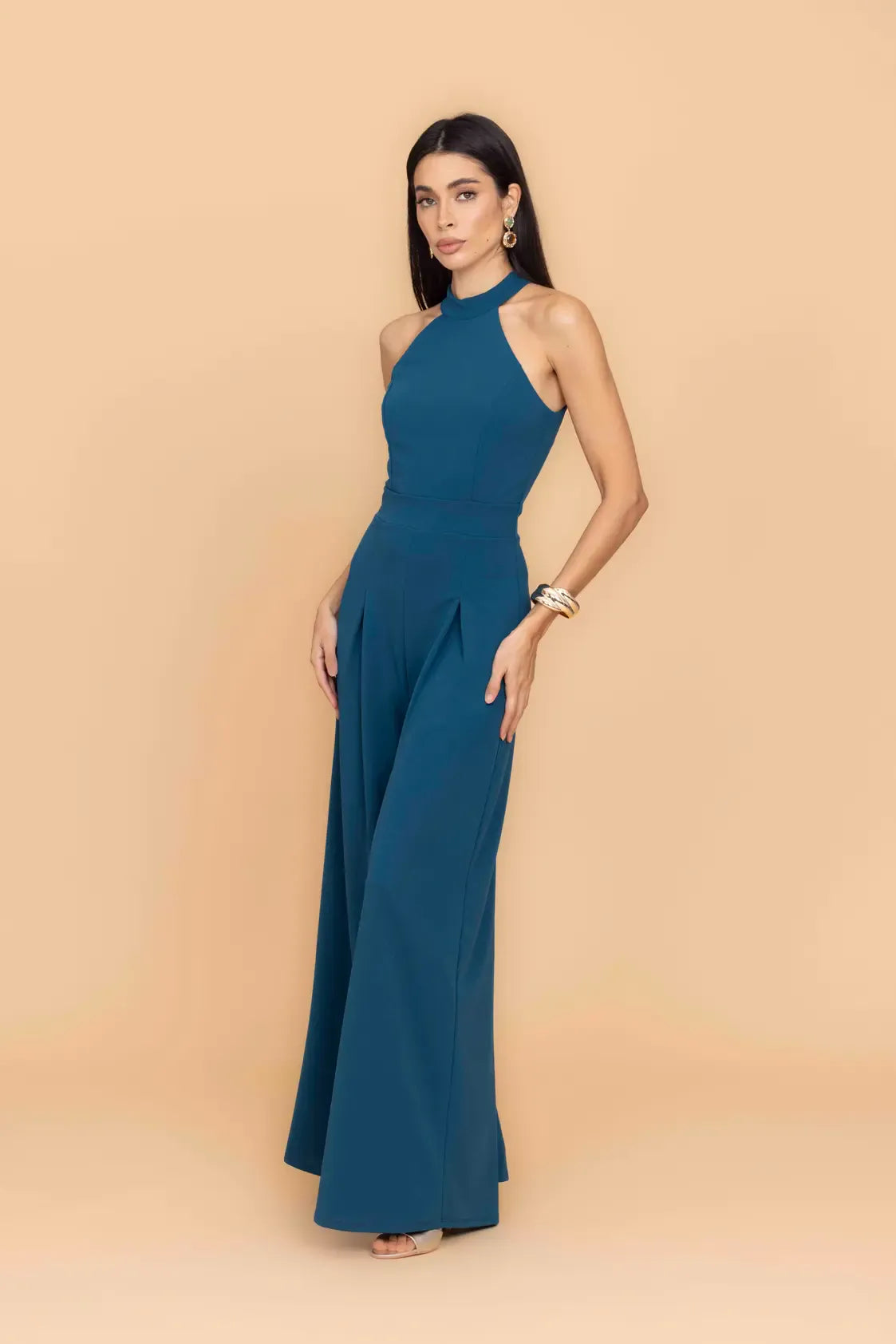 LEILA Dark Teal Blue Halter Neck Wide Leg Jumpsuit