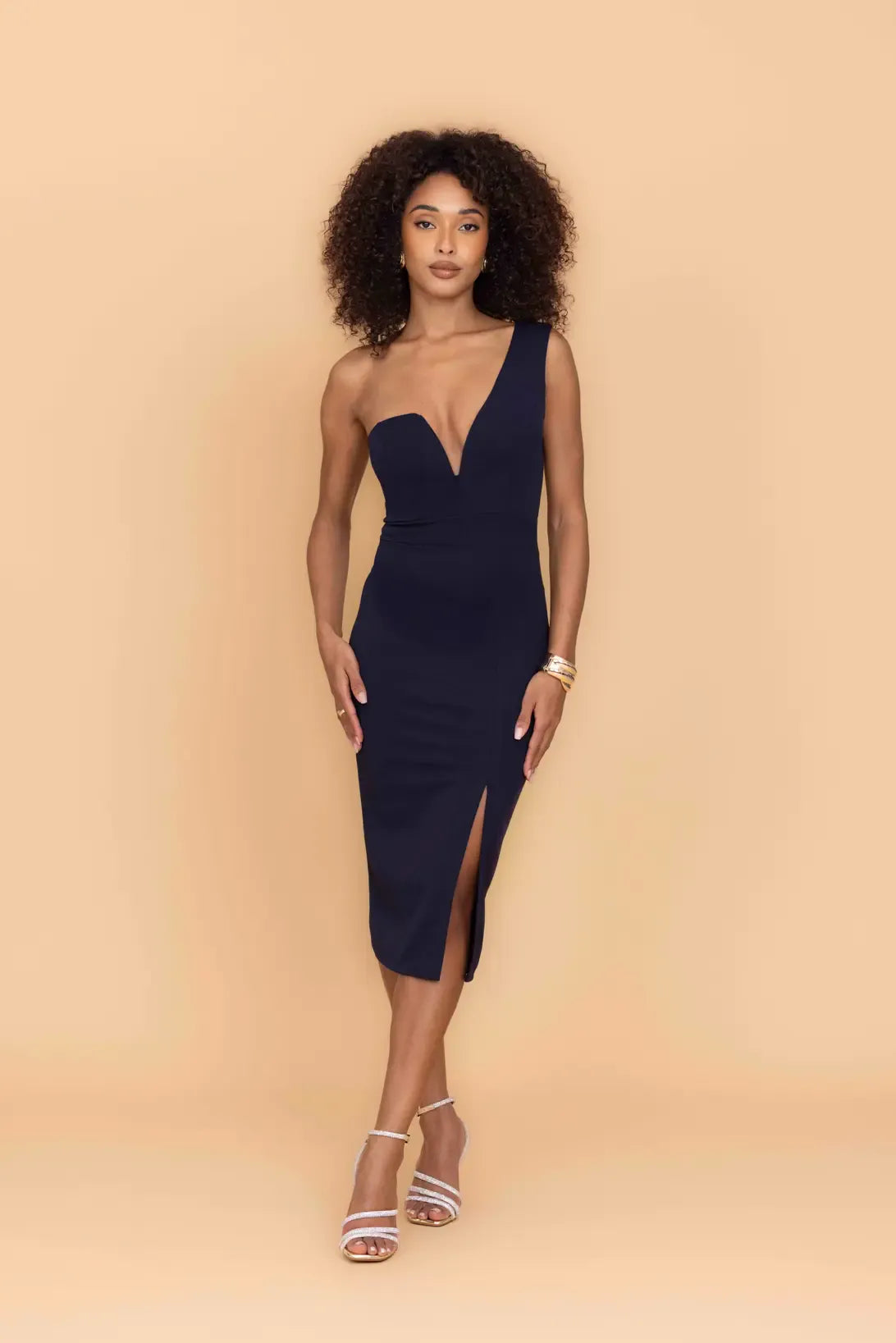 GIGI Navy Blue One Shoulder Midi Dress