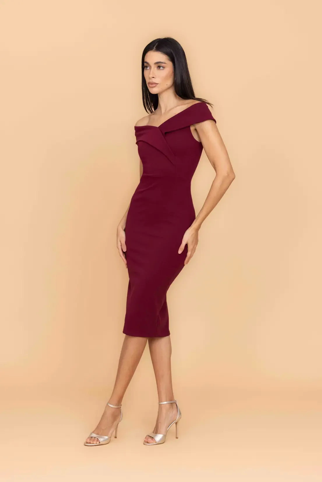 ZARA Wine Red Off-the-Shoulder Midi Dress | WalG London ZARA Wine Red Off-the-Shoulder Midi Dress | WalG London