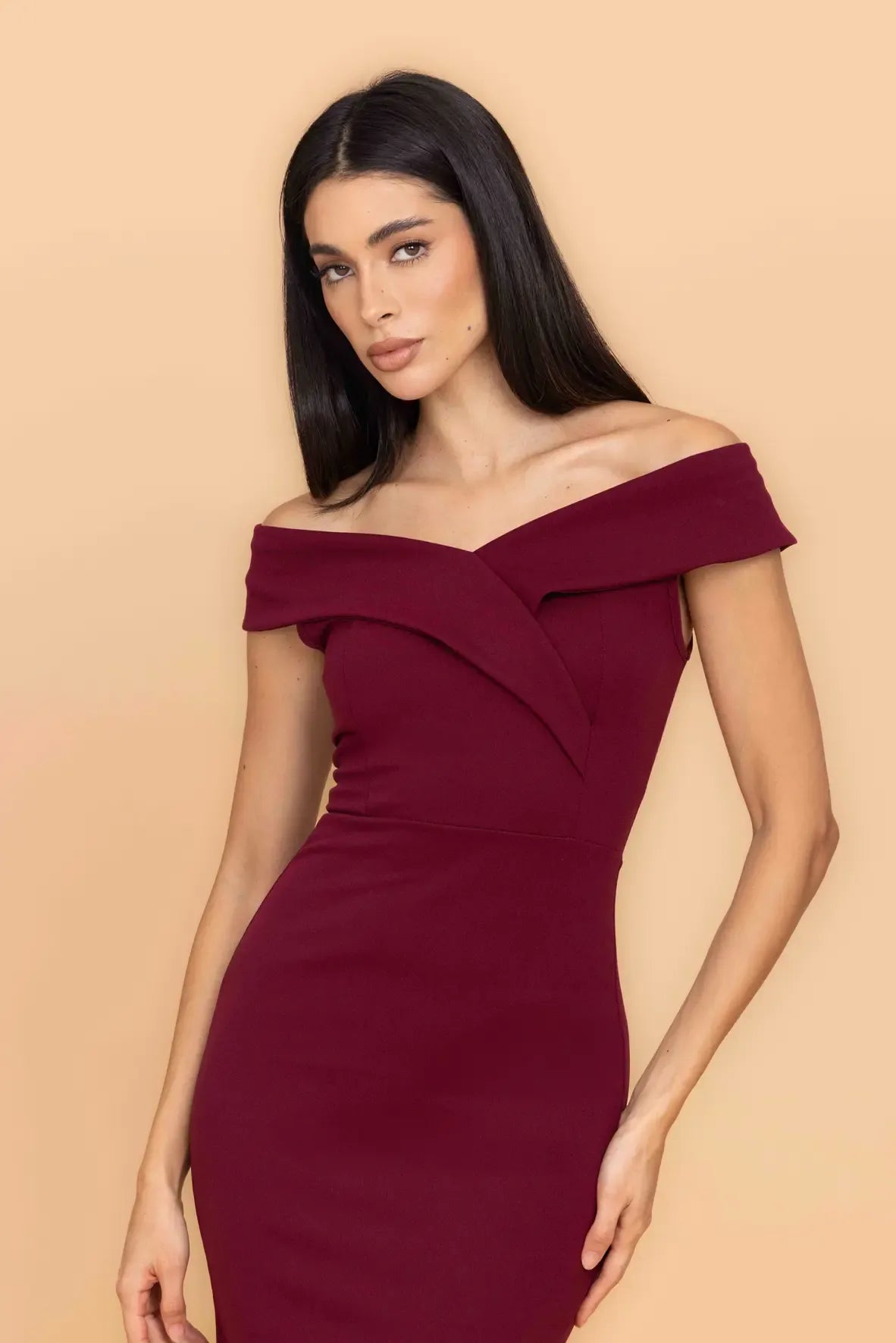zara burgundy dress ZARA Wine Red Off-the-Shoulder Midi Dress