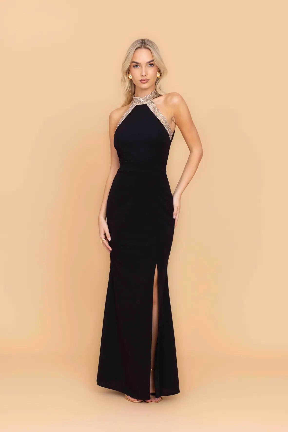 SABRINA Black Maxi Dress with Gold Sequins