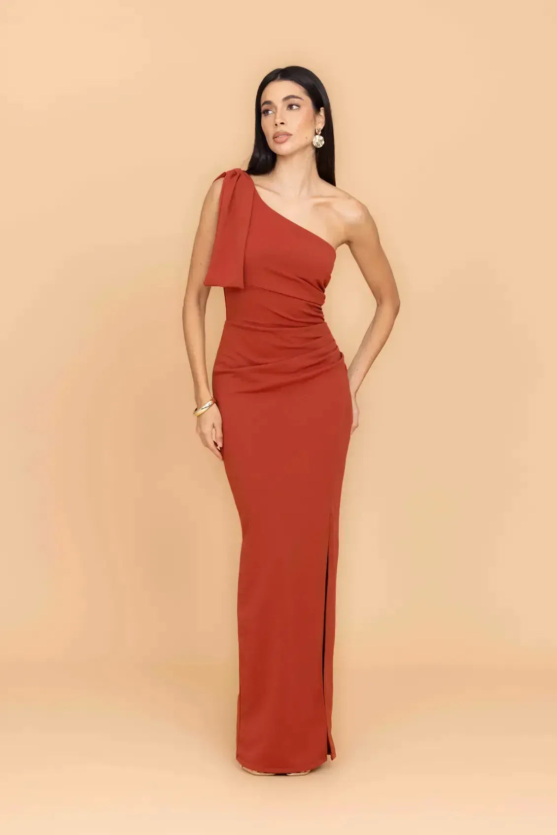 TALIA Burnt Orange One Shoulder Bow Maxi Dress