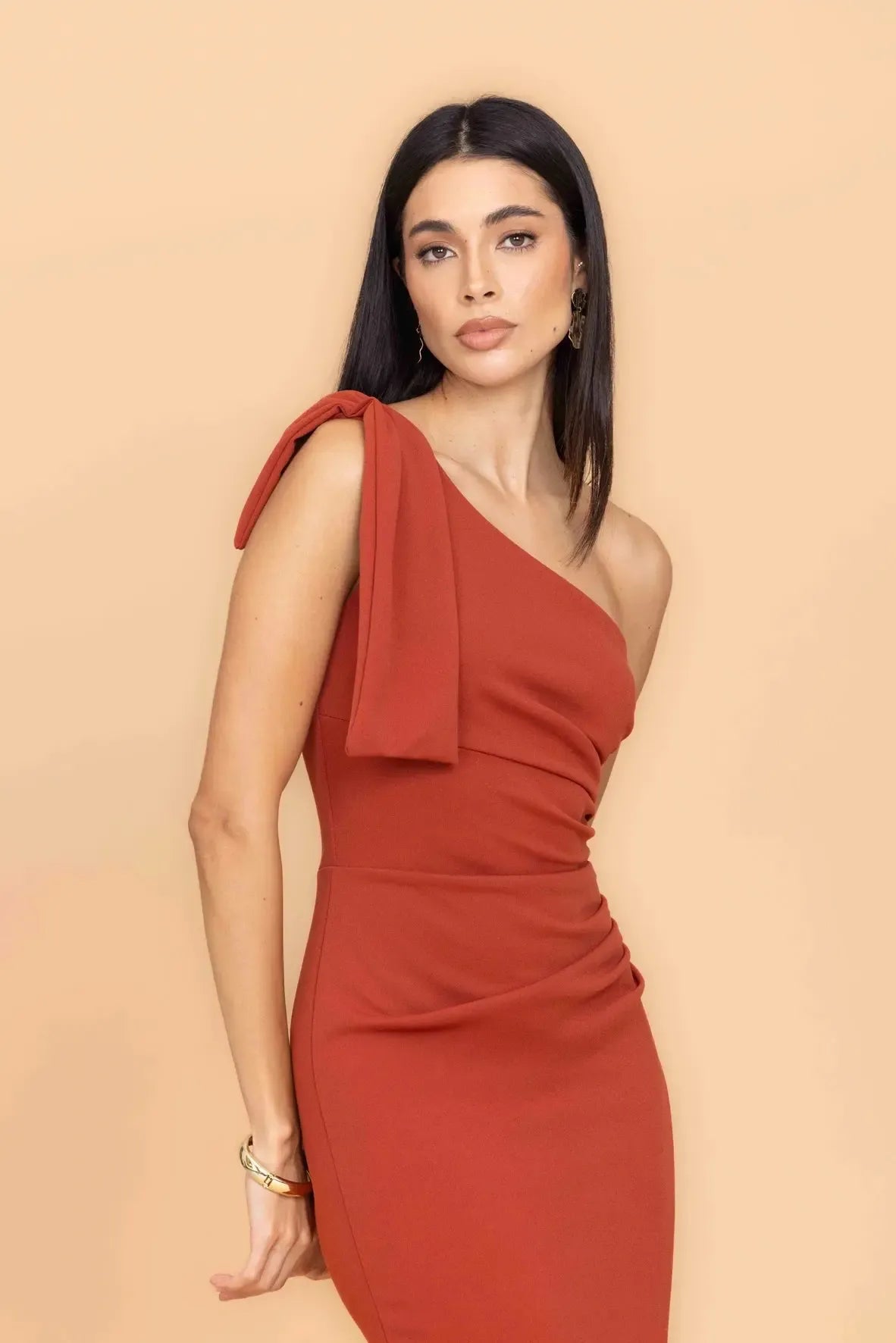 TALIA Burnt Orange One Shoulder Bow Maxi Dress