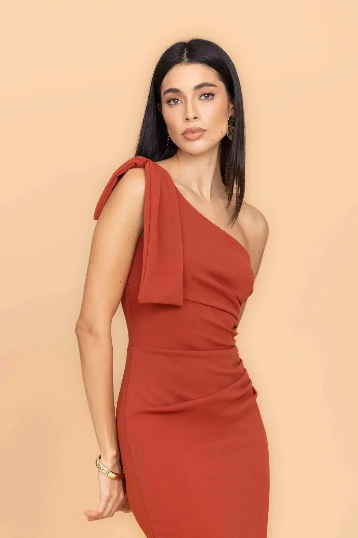 TALIA Burnt Orange One Shoulder Bow Maxi Dress