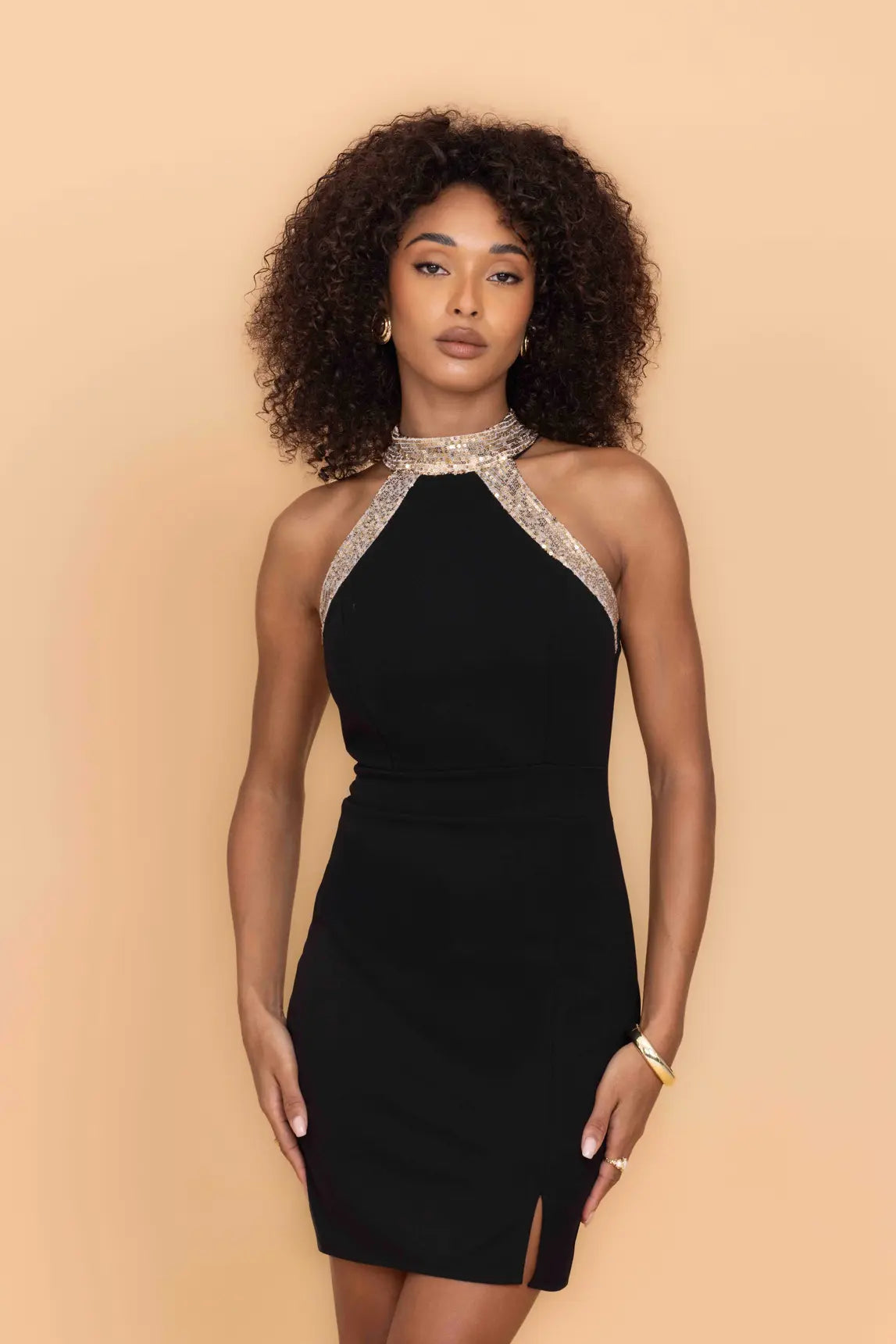 SABRINA Black Mini Dress with Gold Sequins