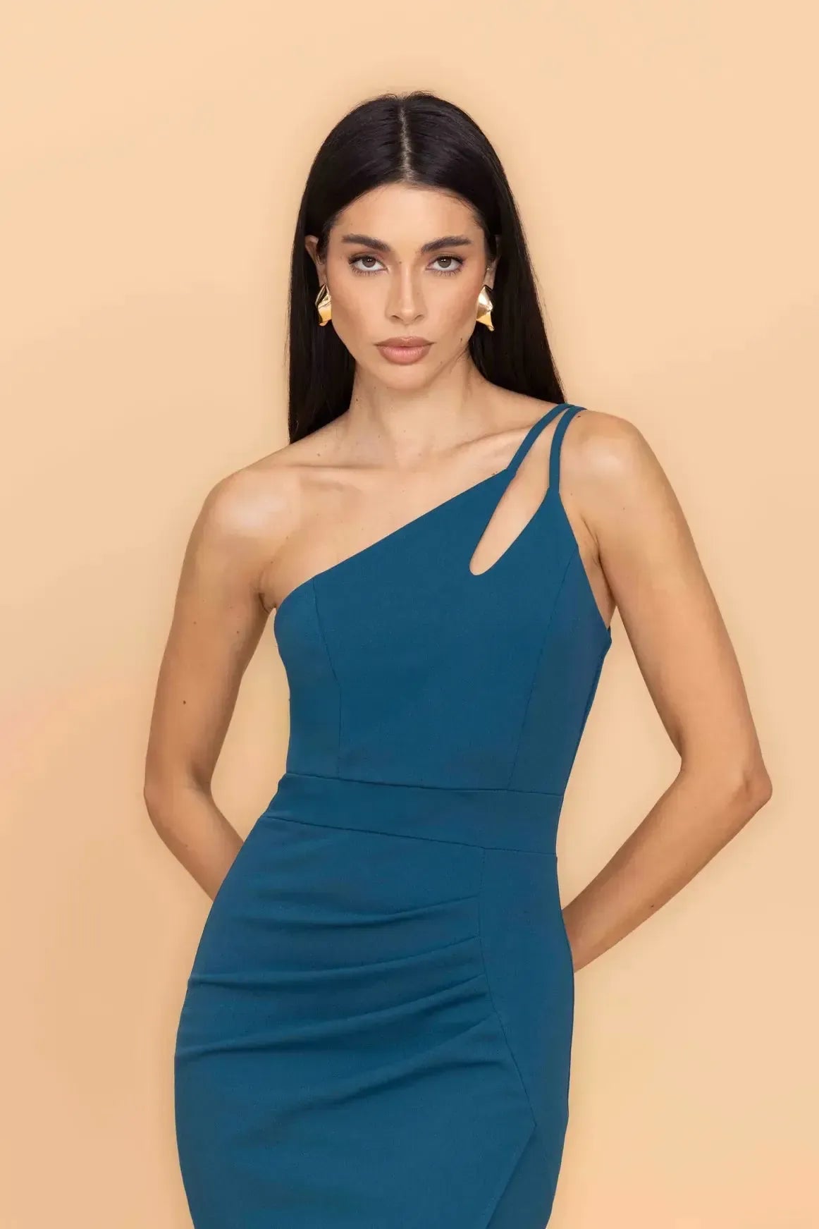 VALENCIA Dark Teal Cut Out One Shoulder Midi Dress