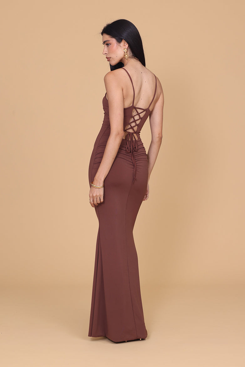 AMINA Mokka-Maxikleid