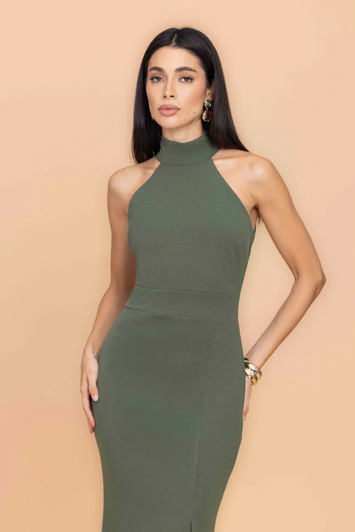 MARILYN Dark Khaki Green Halter Neck Maxi Dress