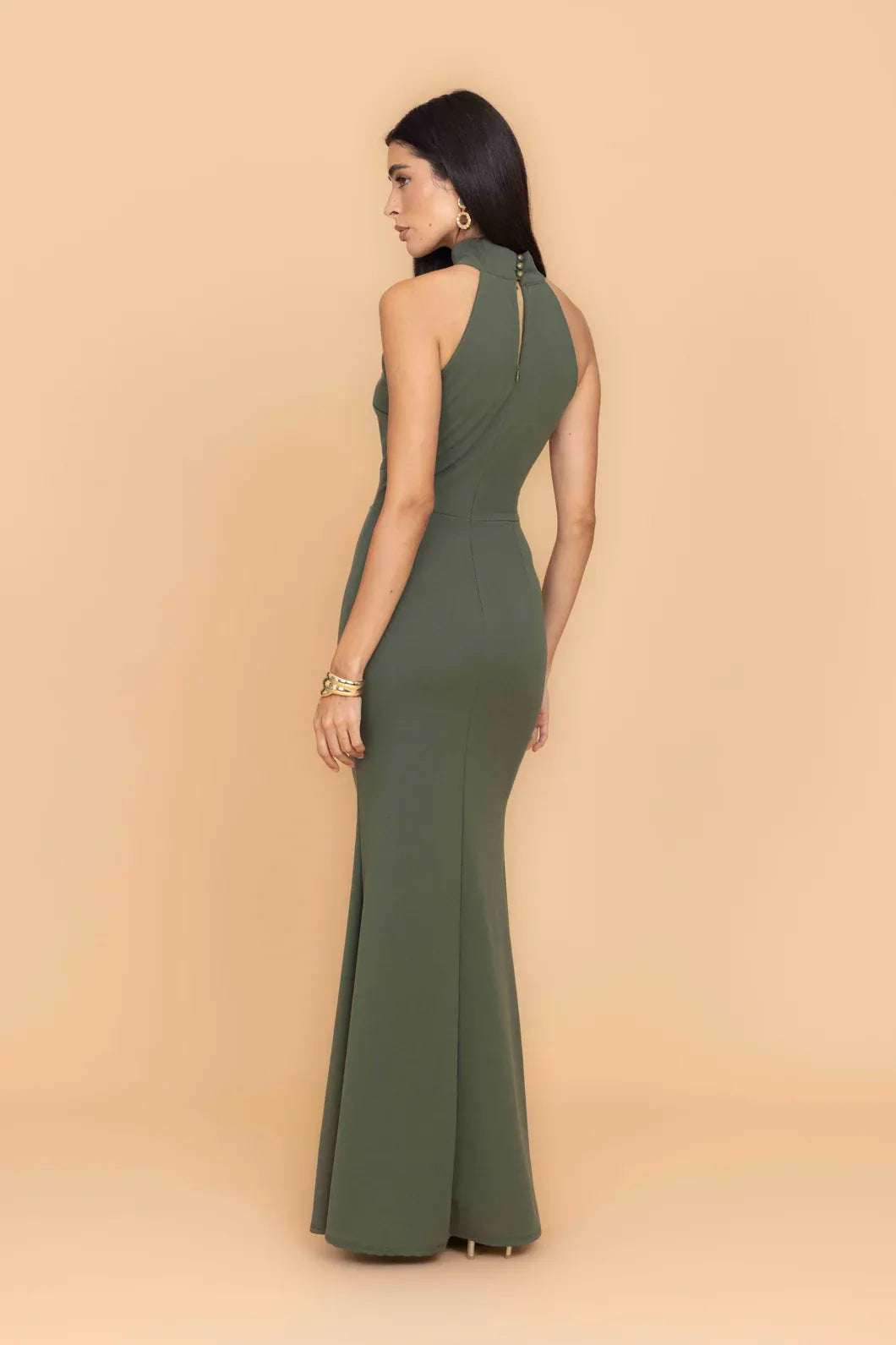 MARILYN Dark Khaki Green Halter Neck Maxi Dress
