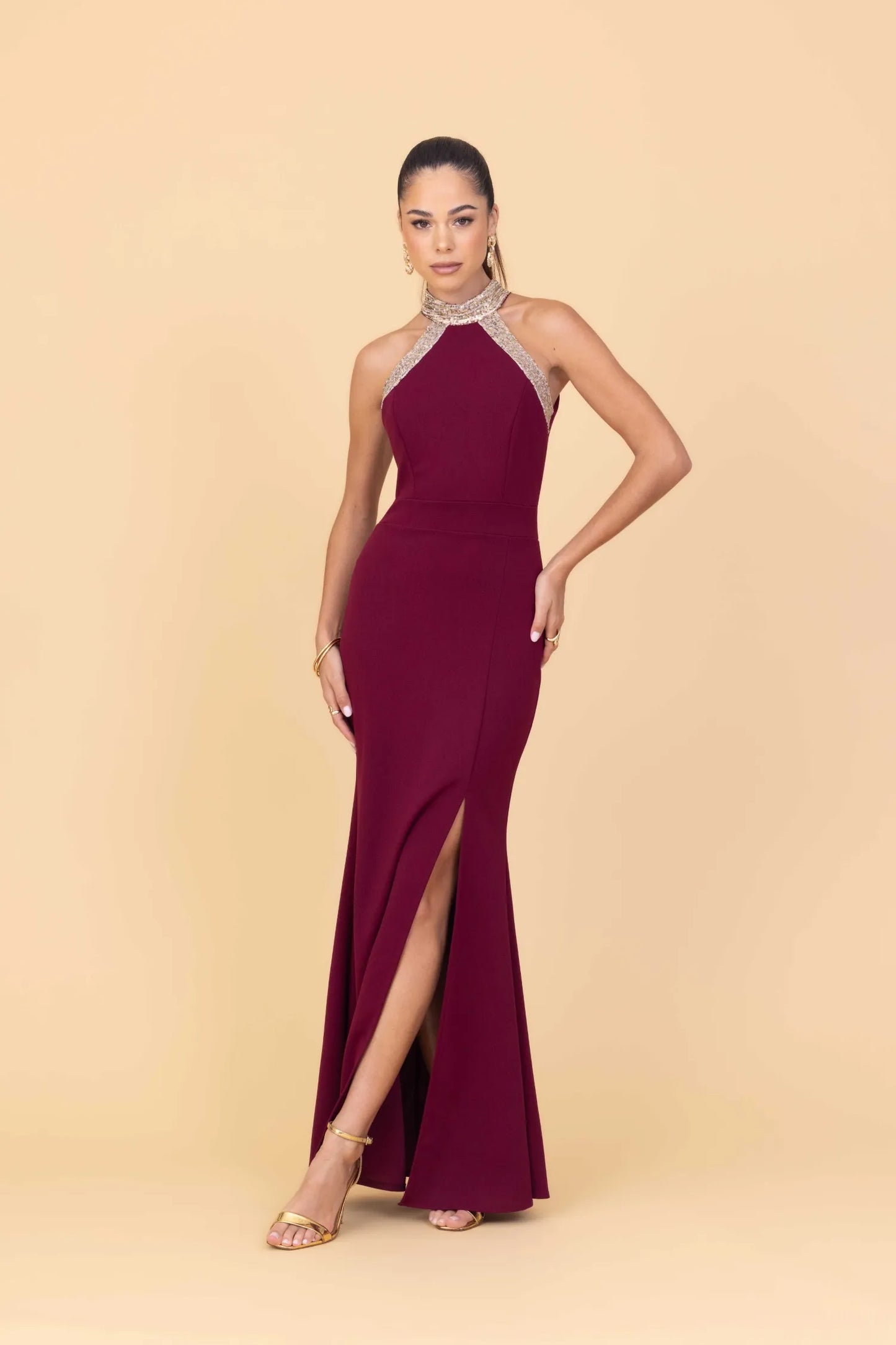 SABRINA Wine Maxi Dress with Gold Sequins