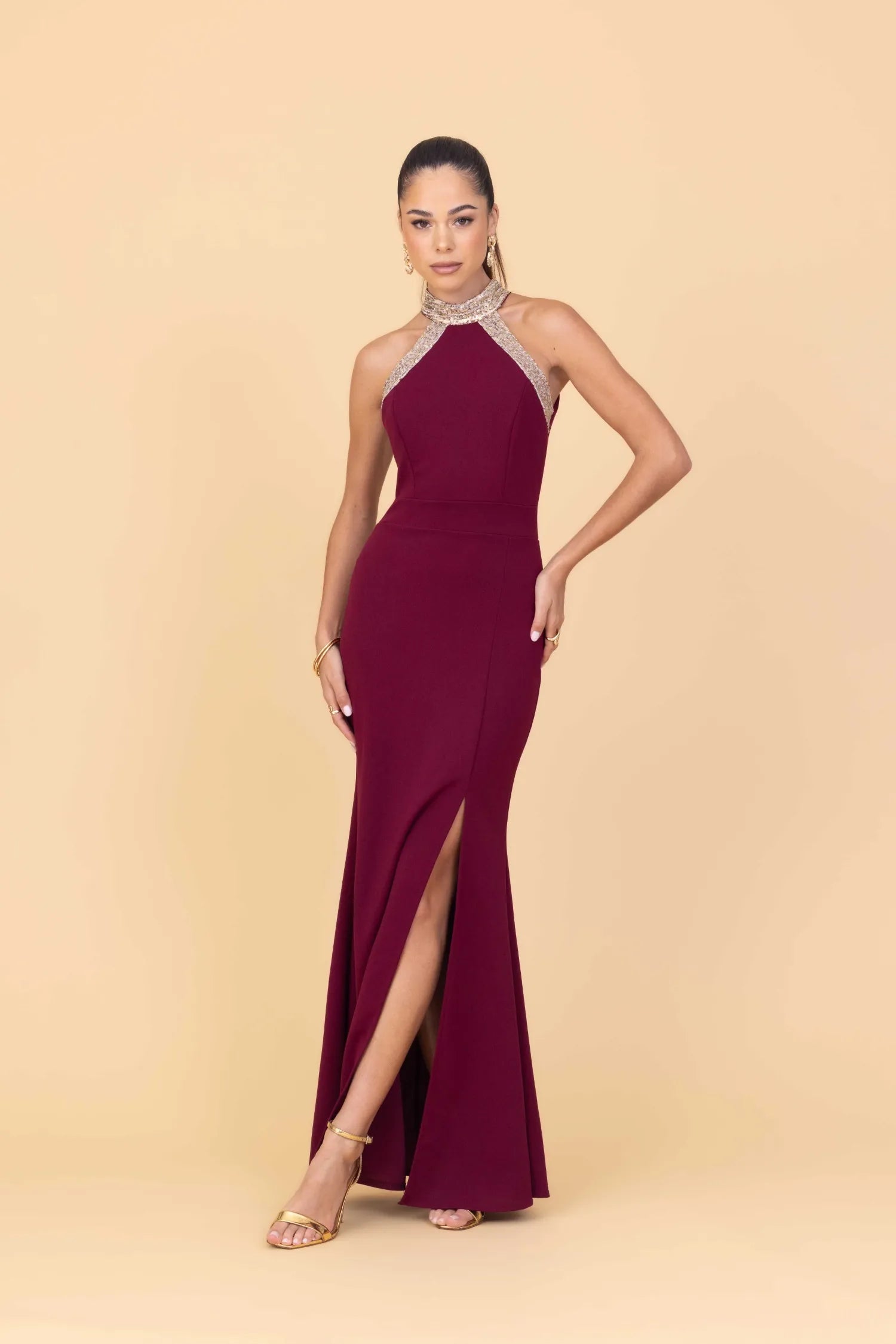 wine dress with gold shoes Dress Shirt Outfit Maroon Dress Sandals Shona Joy Knotted Dress, Size Wine Burgundy Maroon Fall Winter