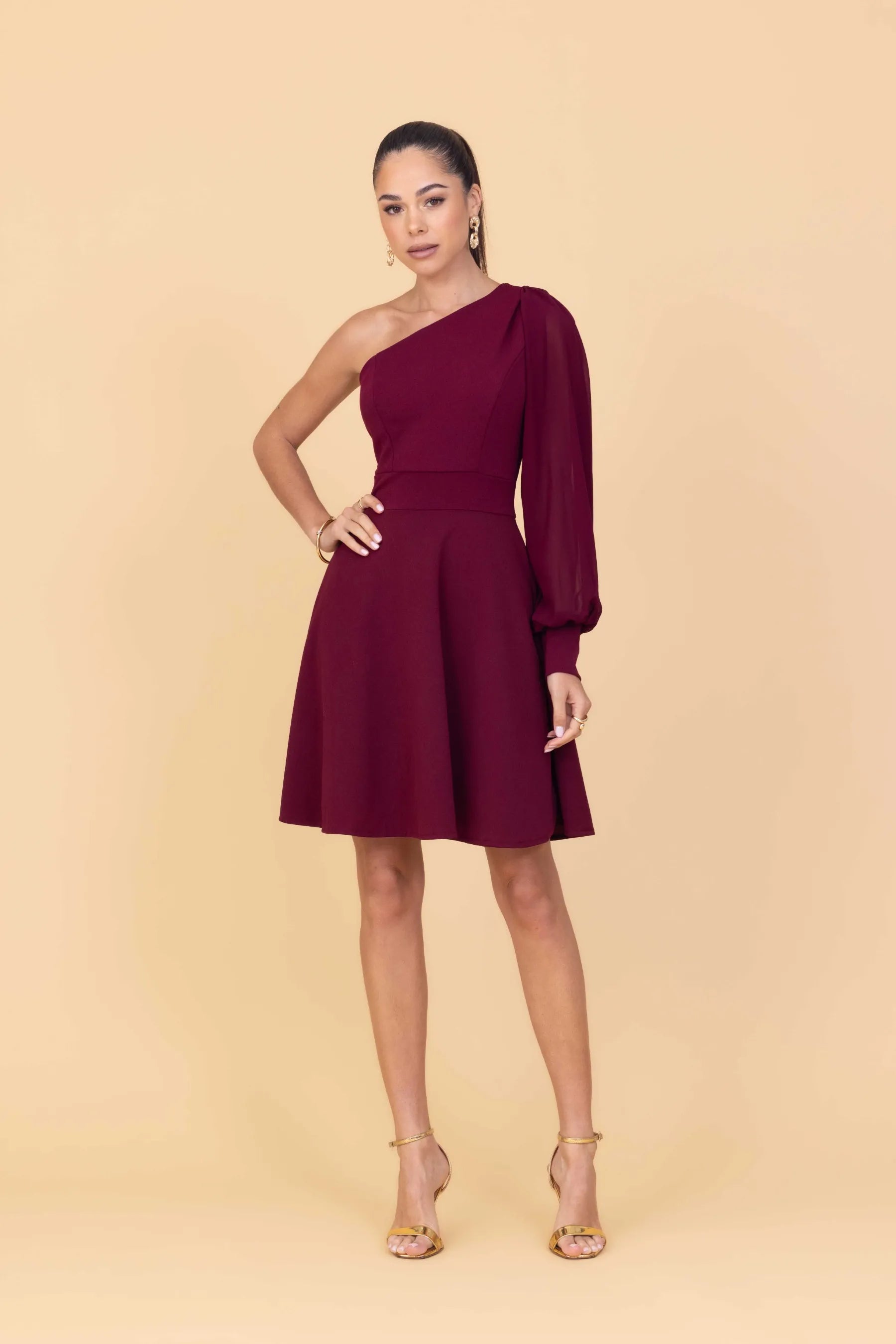 one sleeve burgundy dress KAT Wine Mini Short Short-Sleeve Long Dress - Mermaid Lace Wedding Dresses high slit allows for Size(US):36