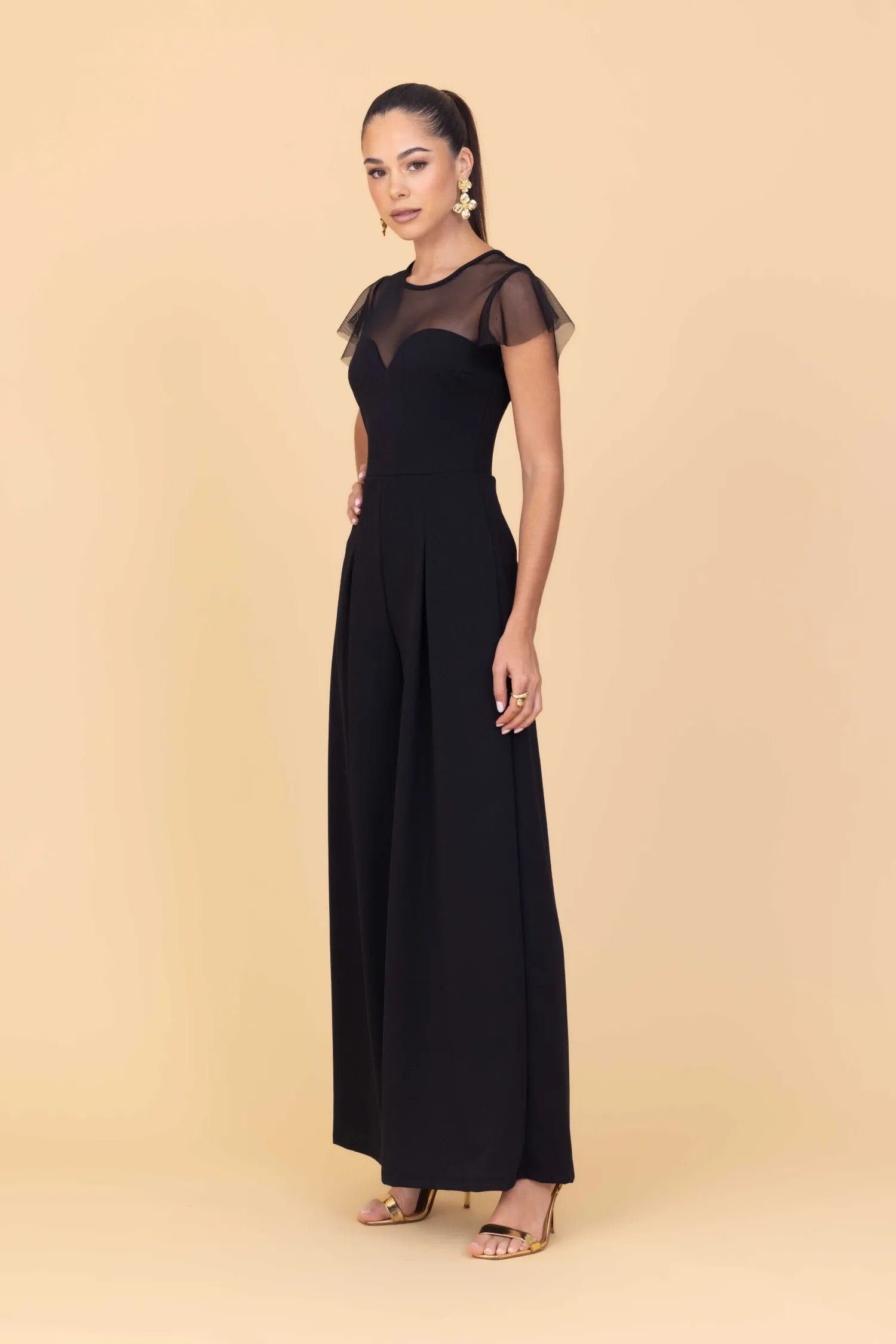 Woman wearing a black jumpsuit with sheer sleeves against a beige background
