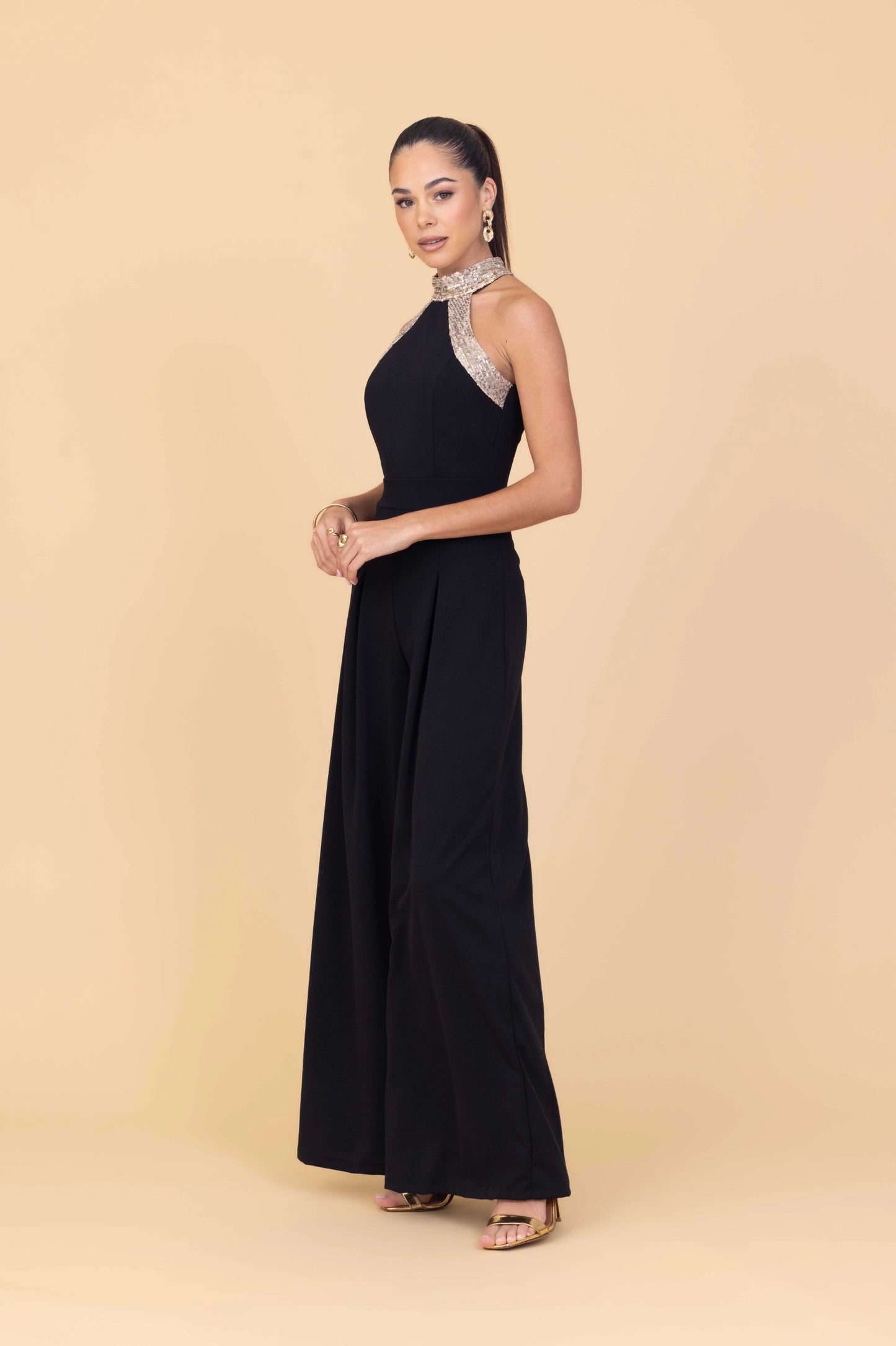 SABRINA Black Jumpsuit with Gold Sequins
