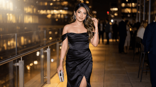 Woman in a black dress walking outdoors at night.