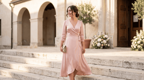 Woman in a pink dress standing on steps outside a building with flowers in the background