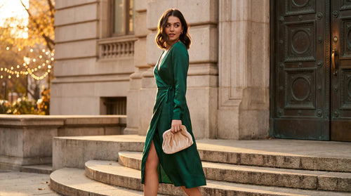 Woman in a green dress standing on steps in front of a large building entrance.